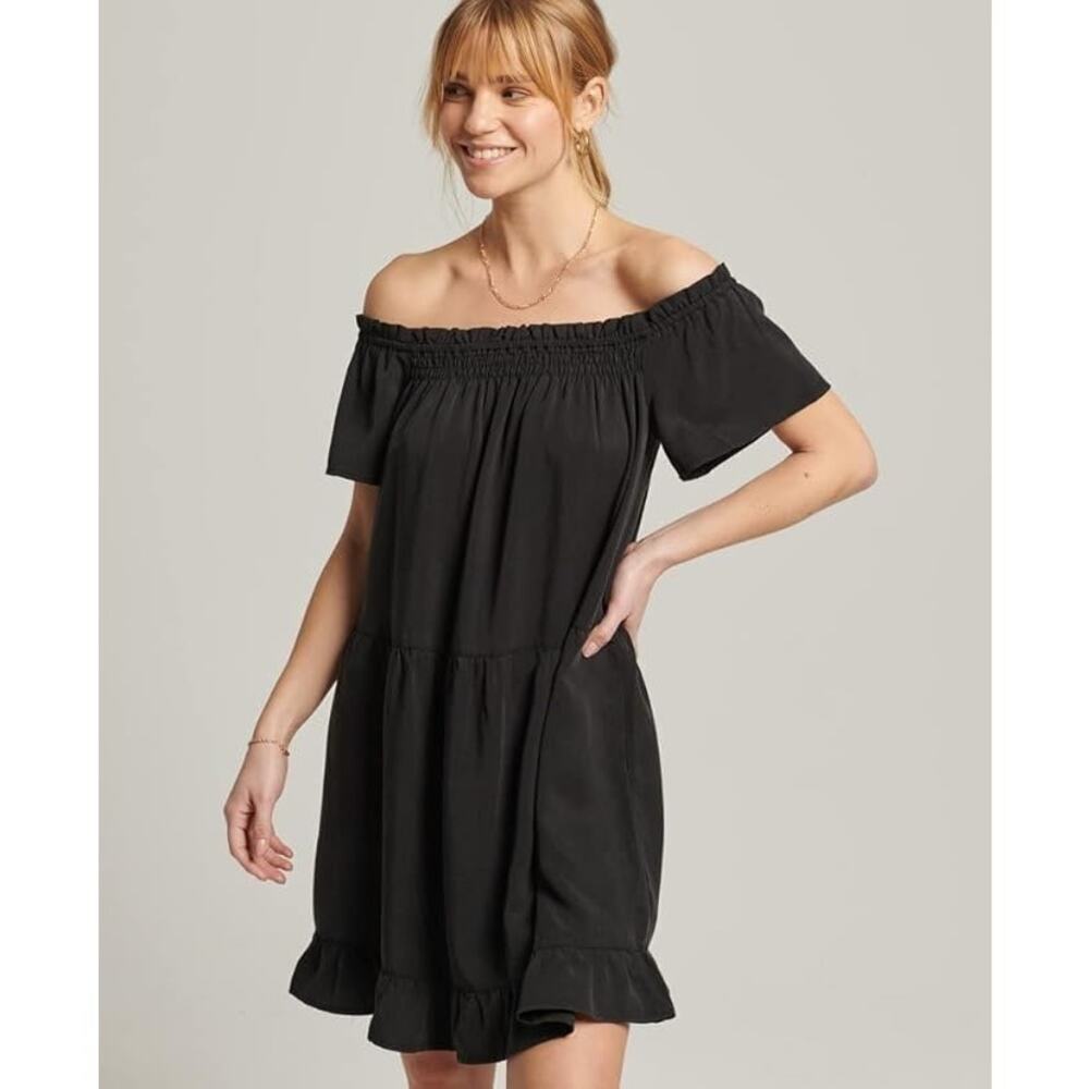 Superdry Women's Black Vintage Ruffle Off Shoulder Casual Sundress, Size 10, EUC